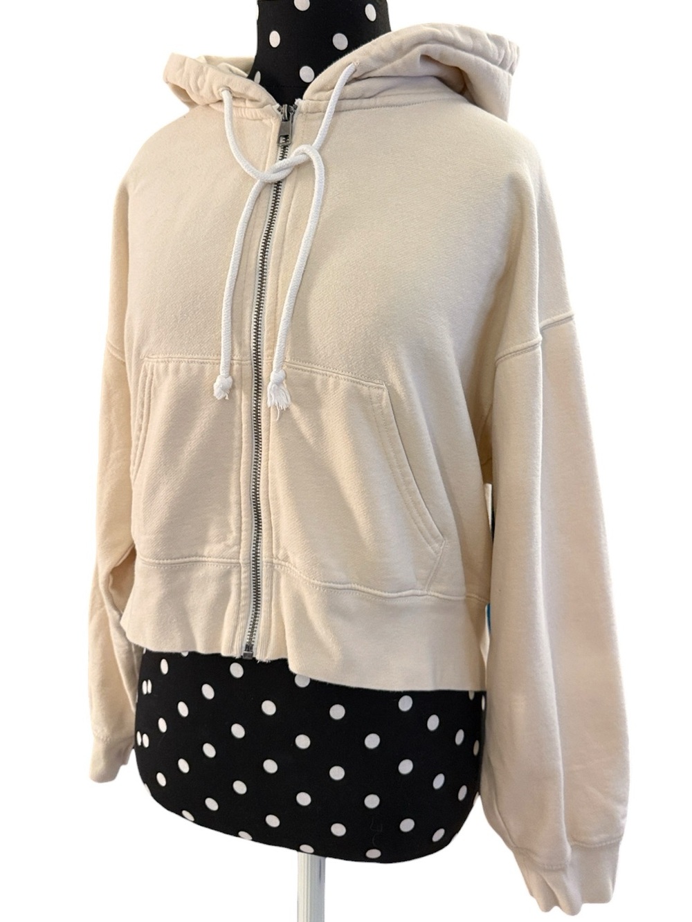 American Eagle Cropped Zip Hoodie Cream Oversized Boxy Cotton Blend Medium